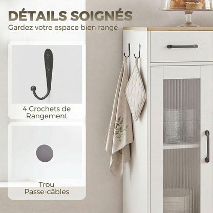 Buffet Cuisine 1 Tiroir 3 Portes 80 X 34 X 91 Cm Blanc Et Chêne | Meuble De Rangement, 1 Porte En Acrylique Cannelée, Étagère Ouverte, Style Moderne, Pour Salon Et Chambre