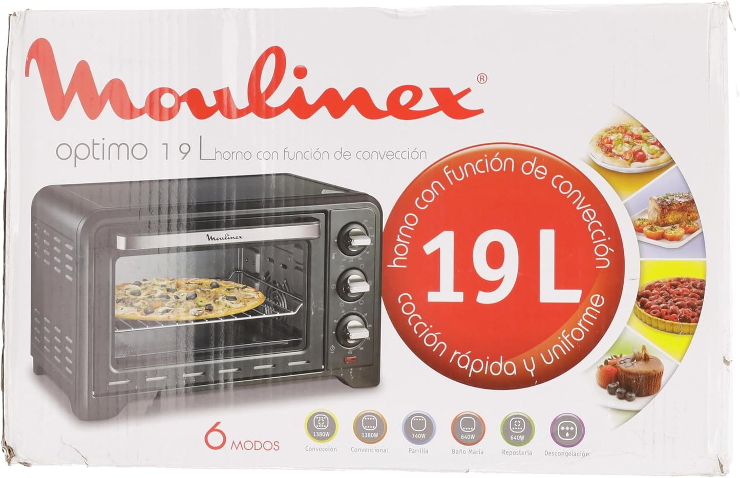 Four Électrique Posable 19 L, Compact, Chaleur Tournante, 6 Modes De Cuisson, Thermostat Réglable Jusqu’À 240°C, Minuteur 120 Min, Grille Réversible, Lèche Frites, Optimo Noir OX444810