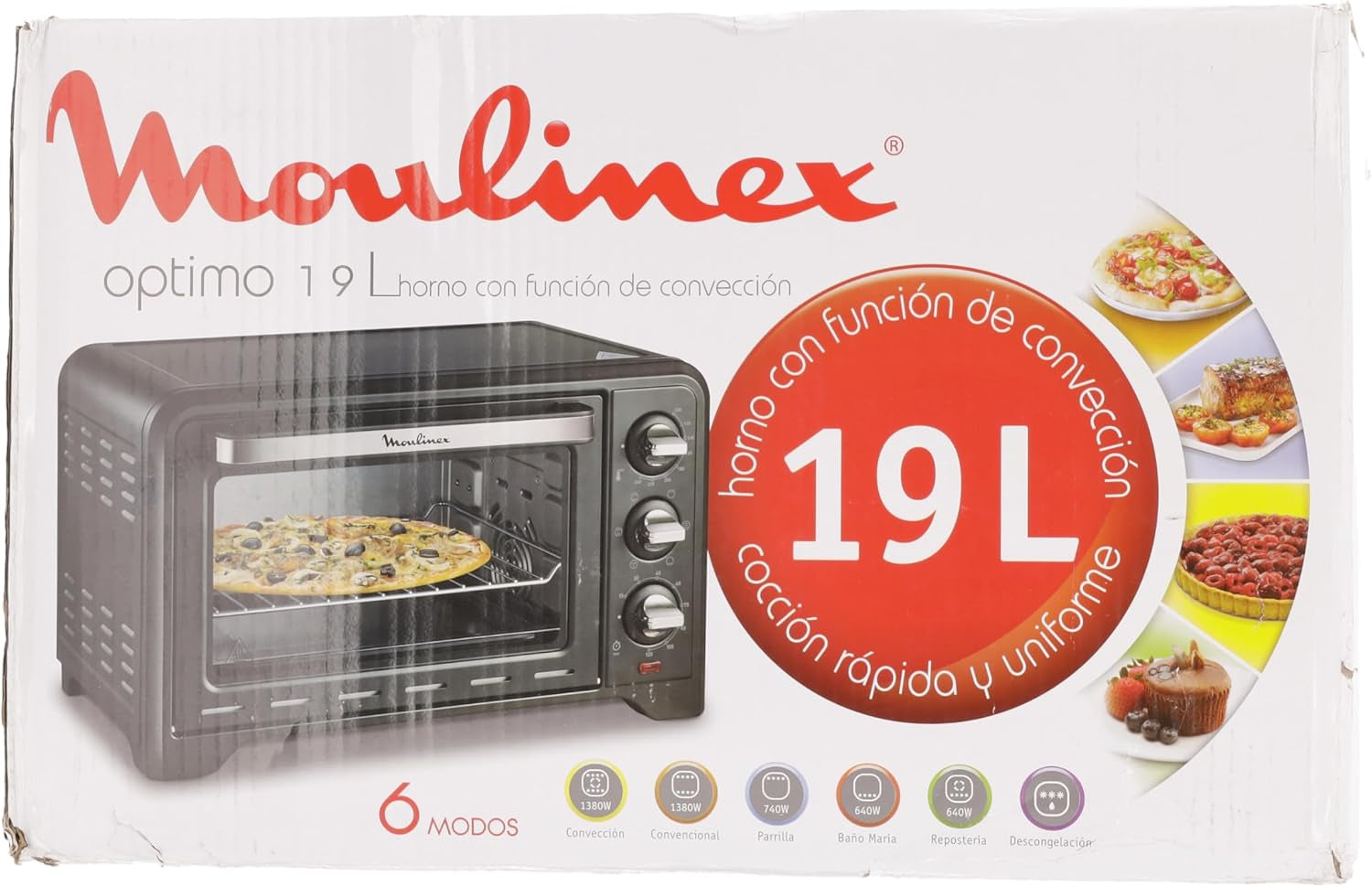 Four Électrique Posable 19 L, Compact, Chaleur Tournante, 6 Modes De Cuisson, Thermostat Réglable Jusqu’À 240°C, Minuteur 120 Min, Grille Réversible, Lèche Frites, Optimo Noir OX444810