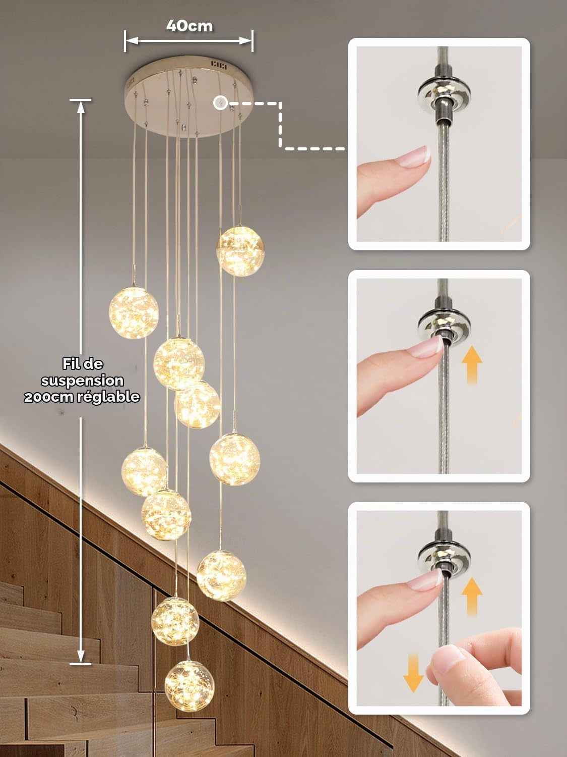 200CM Lustre Lampe Boule De Verre 10 LED, Pendentif Lumière LED D'Escalier, 50W Suspensions Long Étoilé Pendant Light, Plafonniers Modernes Pour Villas, Escaliers Et Salons