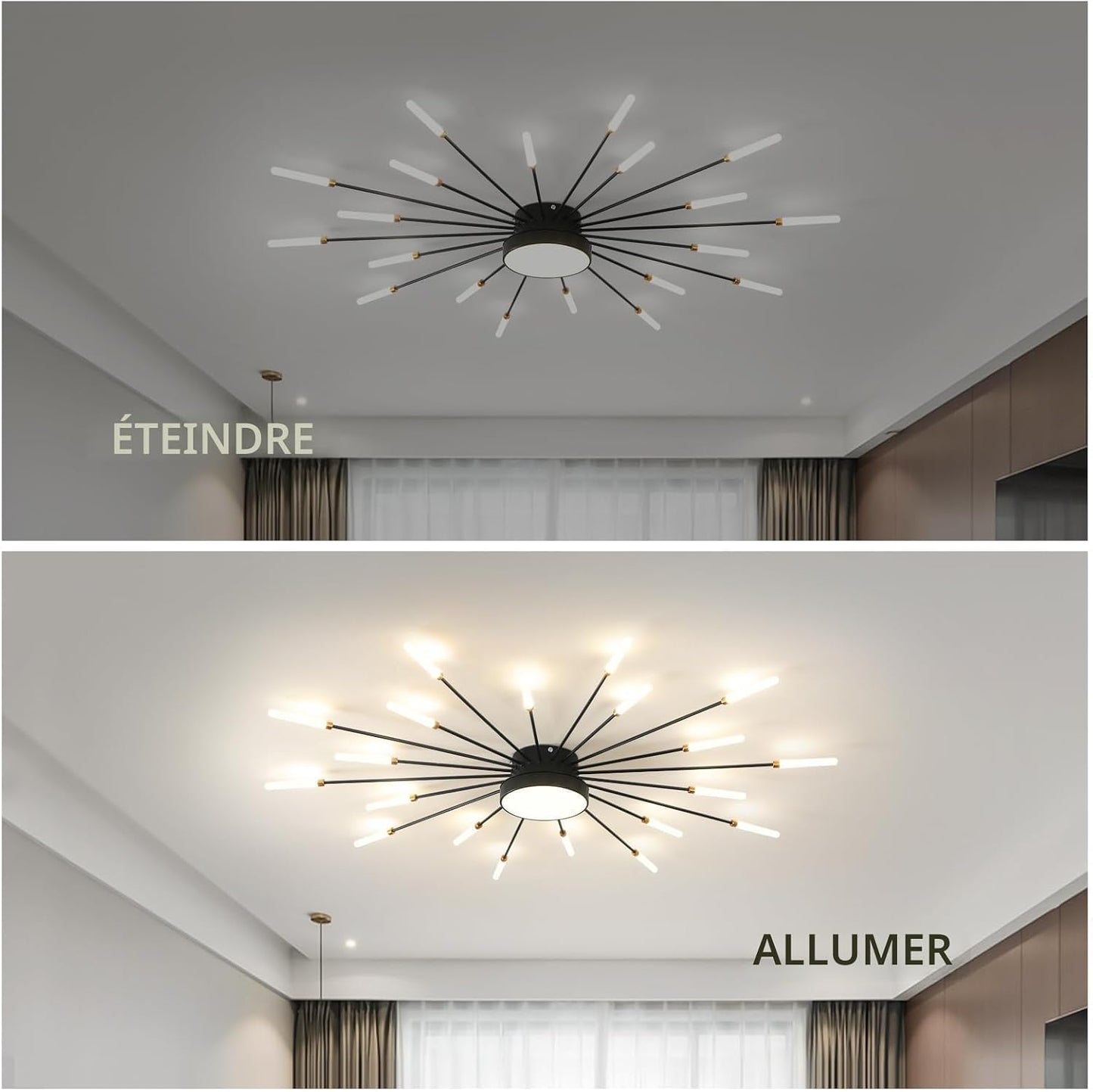 Plafonnier LED Moderne 20 + 1 Têtes Lustres Noirs Semi-Affleurants Éclairage De Plafond Pour Chambre Salon Cuisine Salle À Manger Restaurant