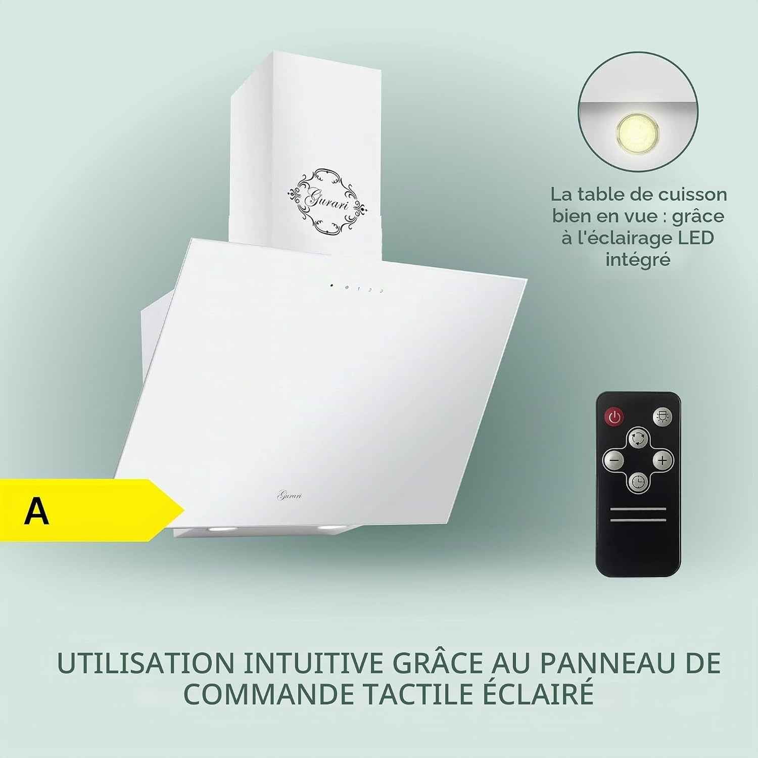 Hotte Murale 80 Cm  286 WH 8 Pr/Hotte Aspirante Verre Blanc/Hotte Inclinée 1000 M³/H Avec Télécommande/Classe a /