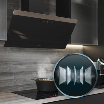 Hotte Aspirante 90Cm Bolero Flux DT 906500 Glass Black A. 165W Sur 3 Niveaux, Finition En Verre Noir, Aspiration 650M3/H, Touch Control, Booster, Light, Carbon Filter