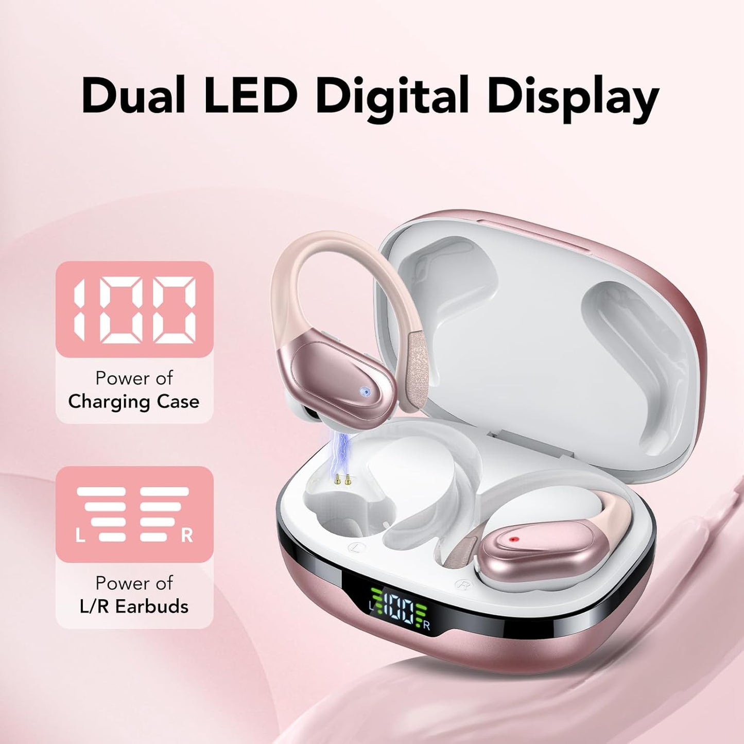 Ecouteurs Bluetooth Sans Fil, Casque Bluetooth 5.3, 60 Heures Avec Affichage LED, Appel ENC HD, Basses Profondes, Ajustement Confortable, IPX7 Étanche Casque Sport(Or Rose).