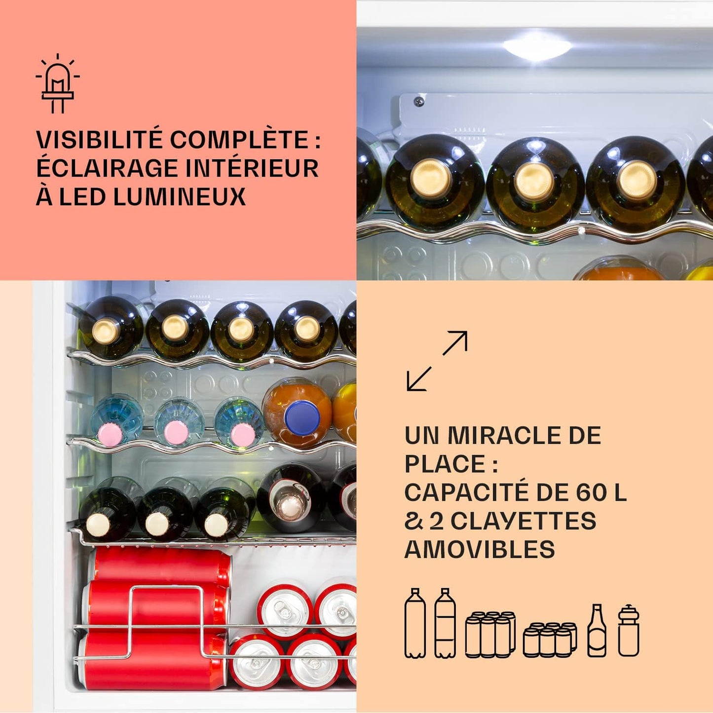 Mini Frigo De Chambre Et Bureau Pour Boisson, Silencieux, Refrigerateur Bar 60L, Pour Camping, Étagères Réglables, Ondulés Pour Le Vin, Cannette, Beer Fridge