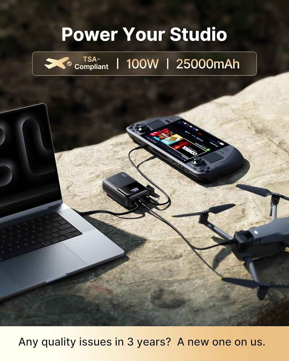 Batterie Externe Pour Ordinateur, Petit 100W 25000Mah USB C Power Bank | Câble USB C Amovible, Autorisé En Avion, Batterie Portable Charge Rapide Avec Macbook, Steam Deck, Iphone 17 Samsung Ipad Etc