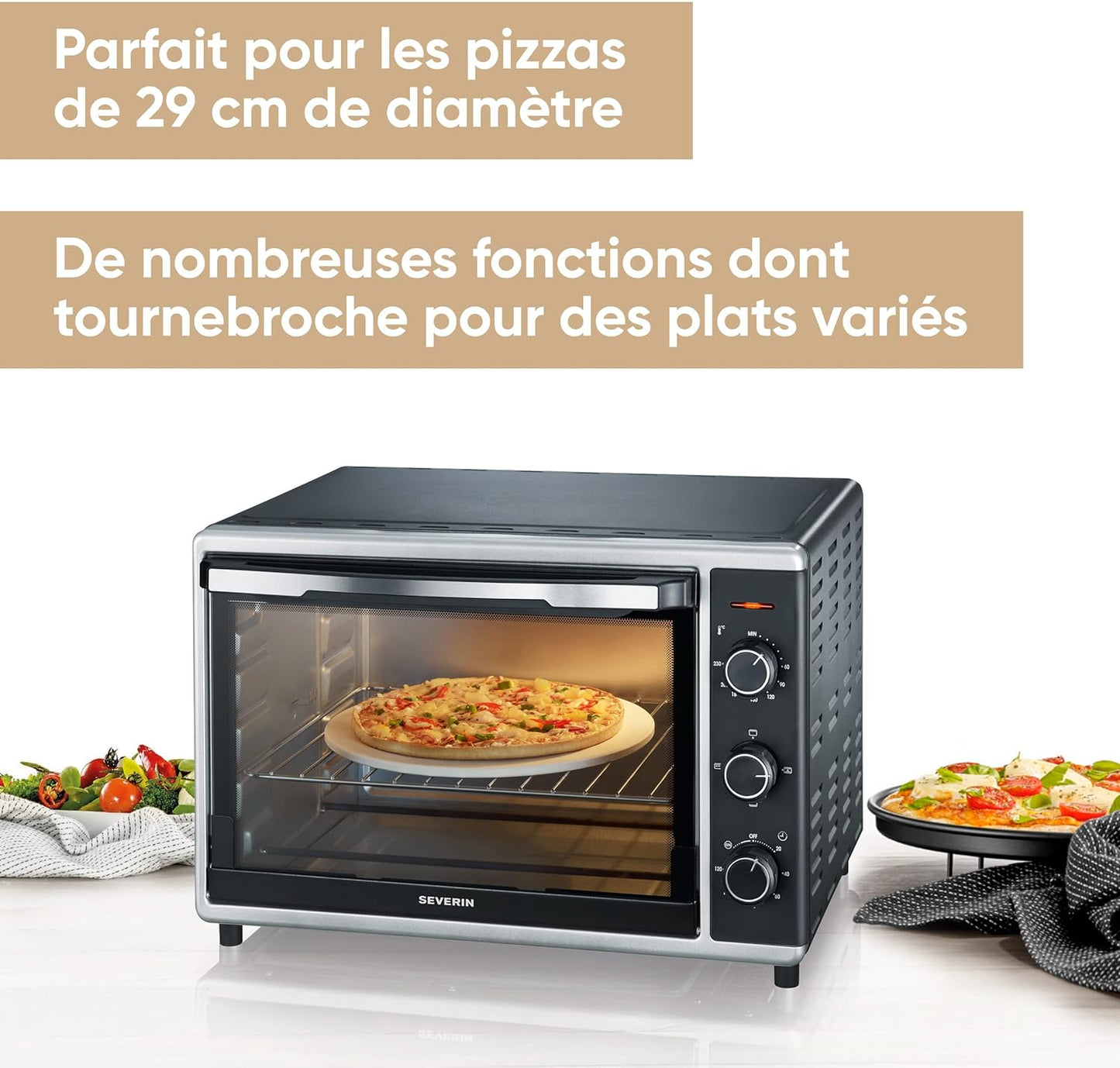 Mini-Four À Chaleur Tournante 42 L Avec Pierre À Pizza Et Tournebroche, Four Posable 1 800 W Design Élégant, Électrique Avec Minuteur 120 Min, Noir/Inox, to 2058