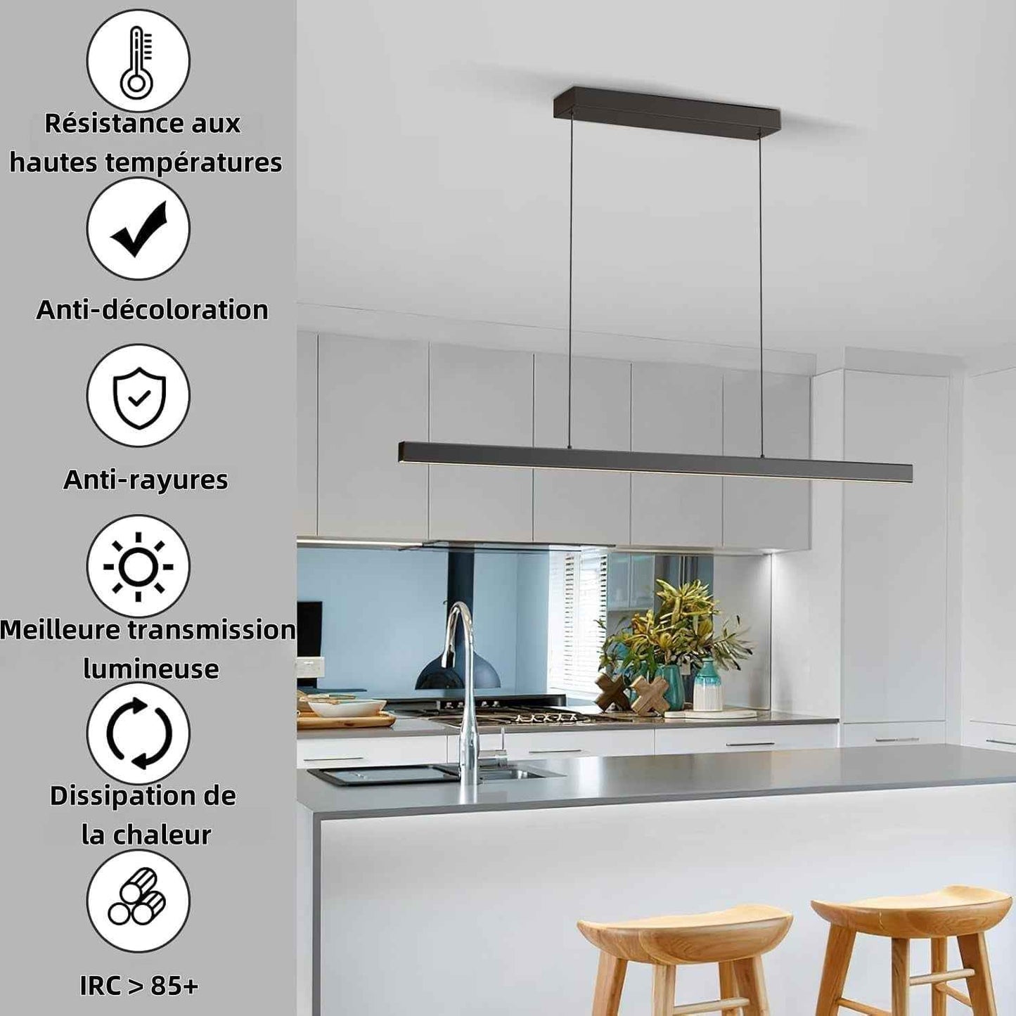Suspension Luminaire Cuisine Moderne, 3000K/4500K/6500K 10%–100% Température De Couleur Lustre Linéaire, Dimmbar Avec Télécommande Chandelier Pour Cuisine,Salon,Salle À Manger,Chambre À Coucher 150CM