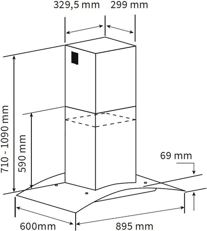 Hotte Aspirante Cuisine 90 Cm | Hotte Îlot | Acier Inoxydable | Verre Noir | Wifi | Arrête Automatiquement | Opération Tactile | SINUS-INSEL-HC