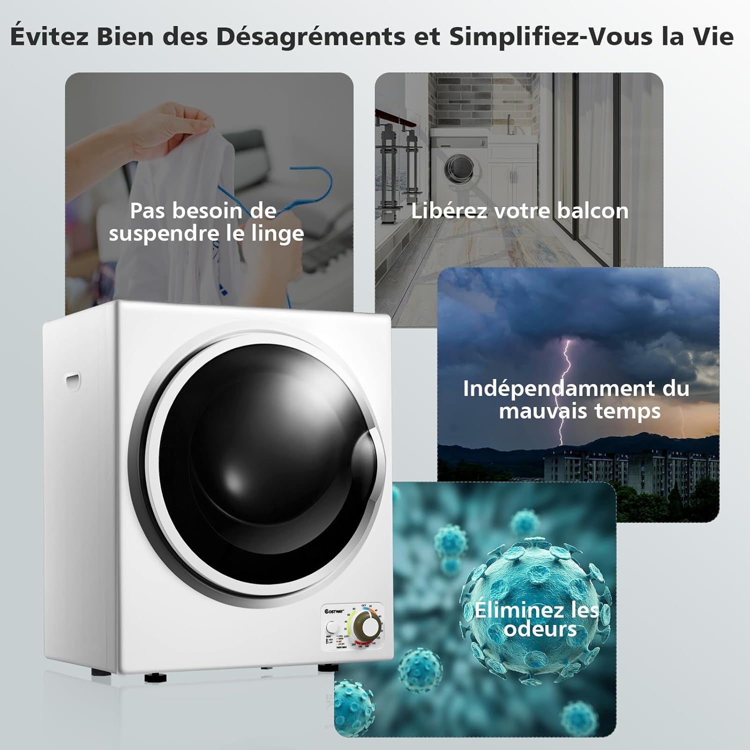 Sèche-Linge Électrique Compact 2,5KG Capacité De 42L, Sèche-Linge Portable 850W À Chargement Frontal Avec 4 Modes De Séchage Et Cuve En Acier Inoxydable, Pour Maison Appartement (Blanc)