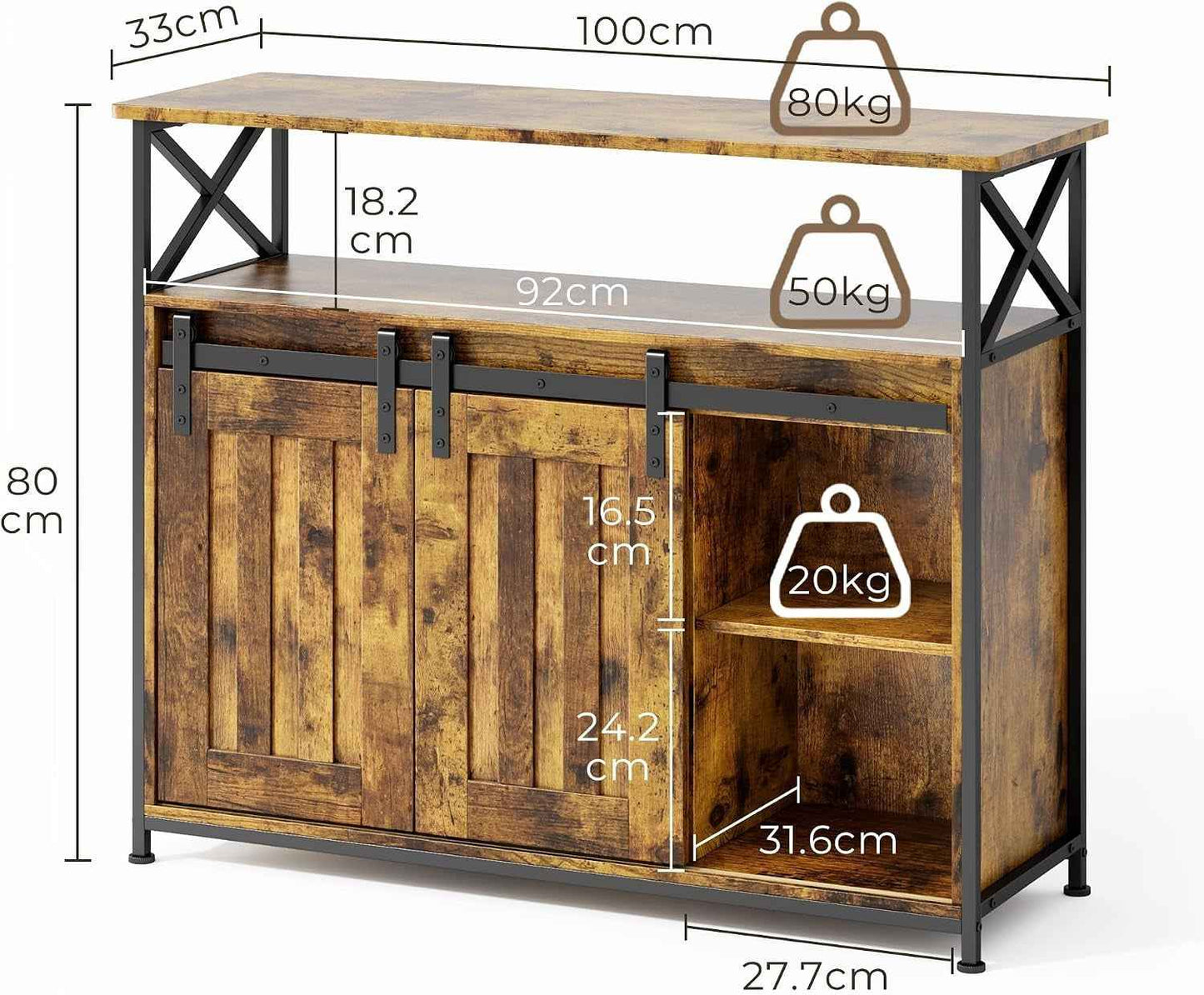 Buffet De Salon, Meuble De Rangement, Rétro | Style Campagnard, 2 Portes Coulissantes, Étagères Réglables, Structure MDF, Pour Salon Et Salle À Manger, 33 X 100 X 80 Cm
