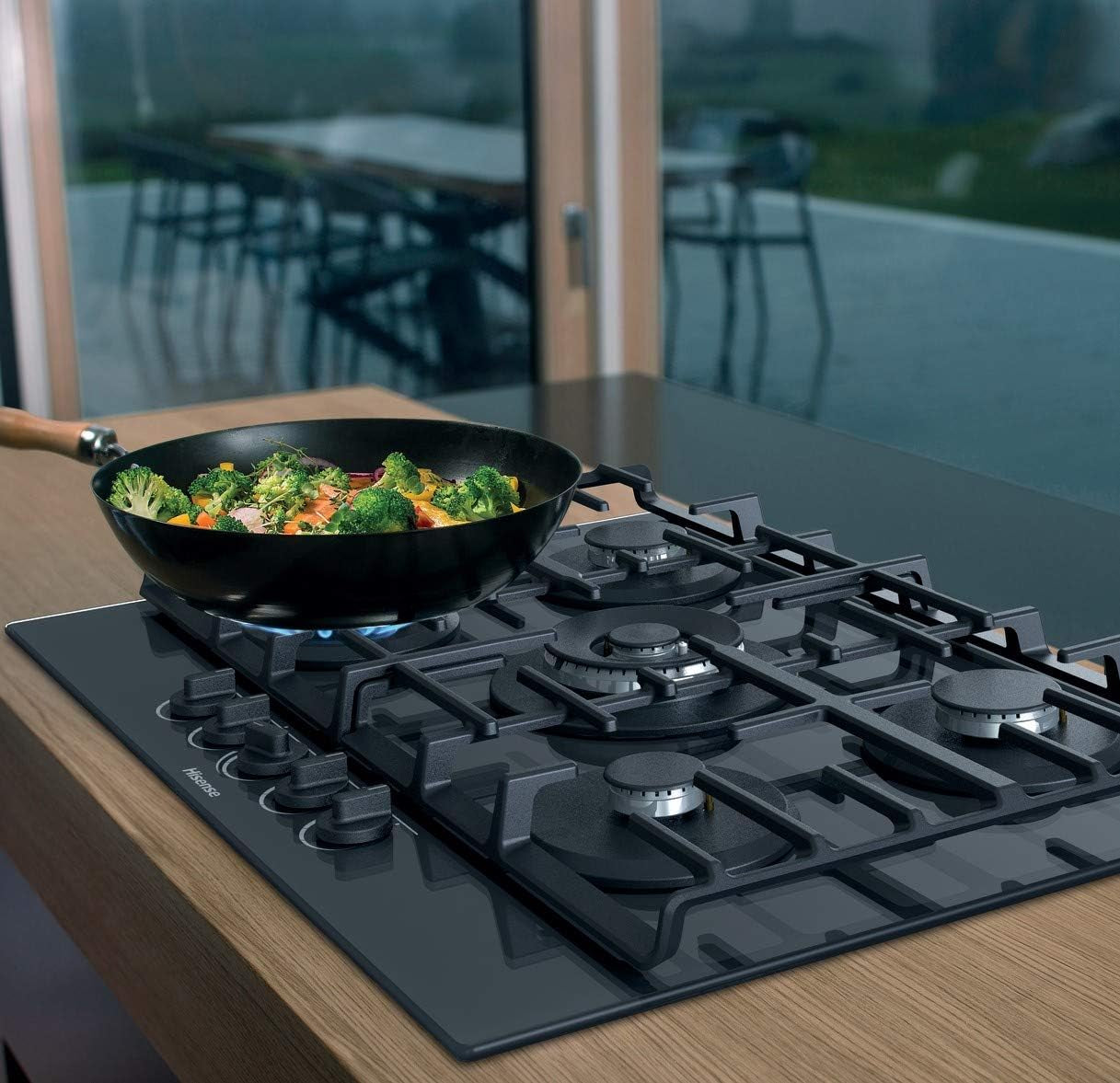 GM973XF Plateau De Cuisson À Gaz, 5 Zones De Cuisson, Largeur 90 Cm, Grilles En Fonte, Allumage Intégré, Inox Anti-Empreintes Digitales, Brûleur Wok