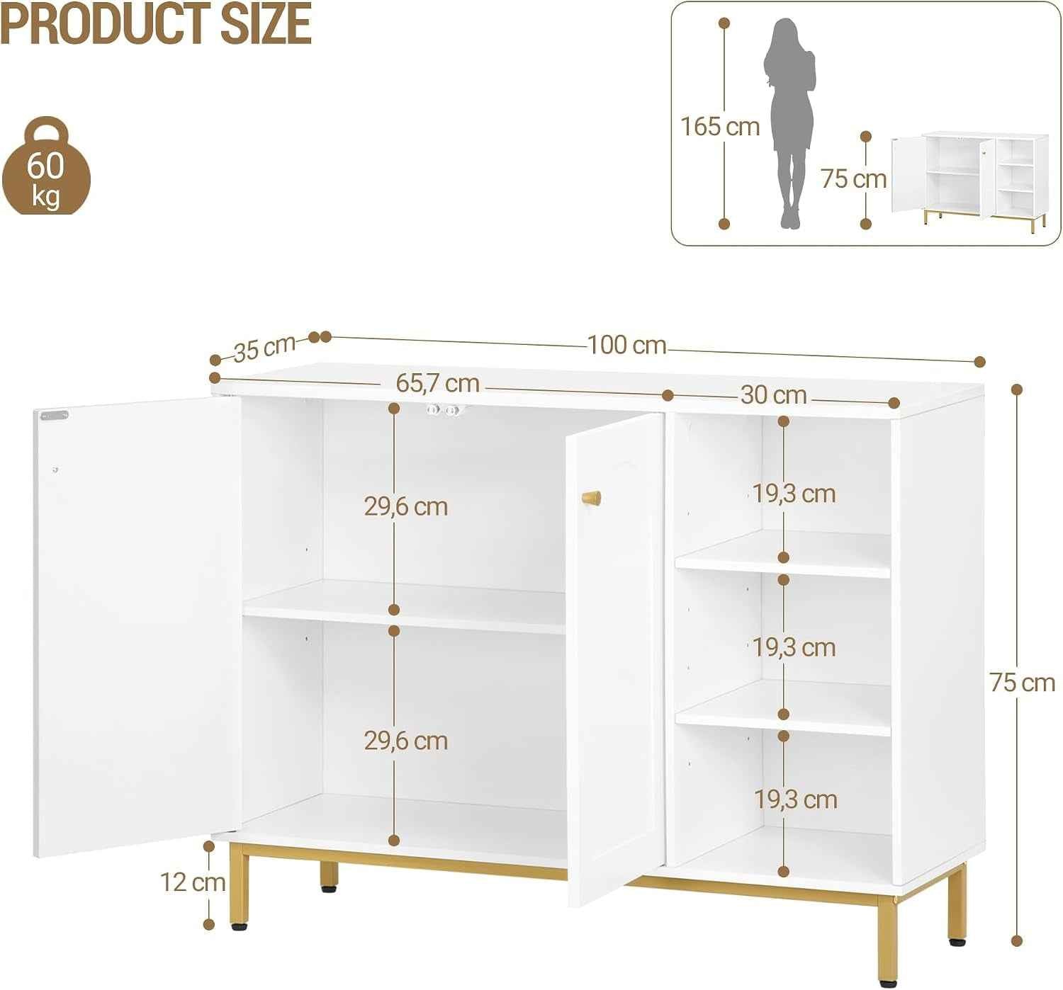 Meuble De Salle De Bain Avec 2 Portes, 3 Compartiments Ouverts | Meuble De Rangement Et Étagères Réglables, Armoire Sur Pied, Pour Salon, Entrée, 35 X 100 X 75 Cm, Blanc-Or SC10203G