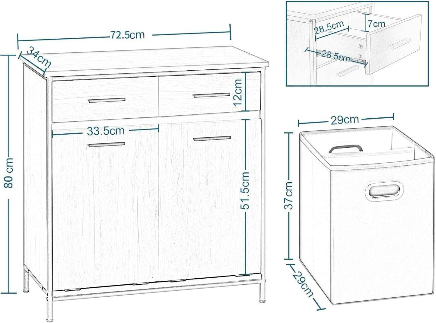 Meuble De Salle De Bain, Placard De Rangement, Avec Sac Intérieur Amovible Avec Poignées, 40 X 78,9 X 80,2 Cm, 2 Tiroirs Et 2 Paniers À Linge, Meuble De Rangement, Chêne Clair + Noir, 0233WY