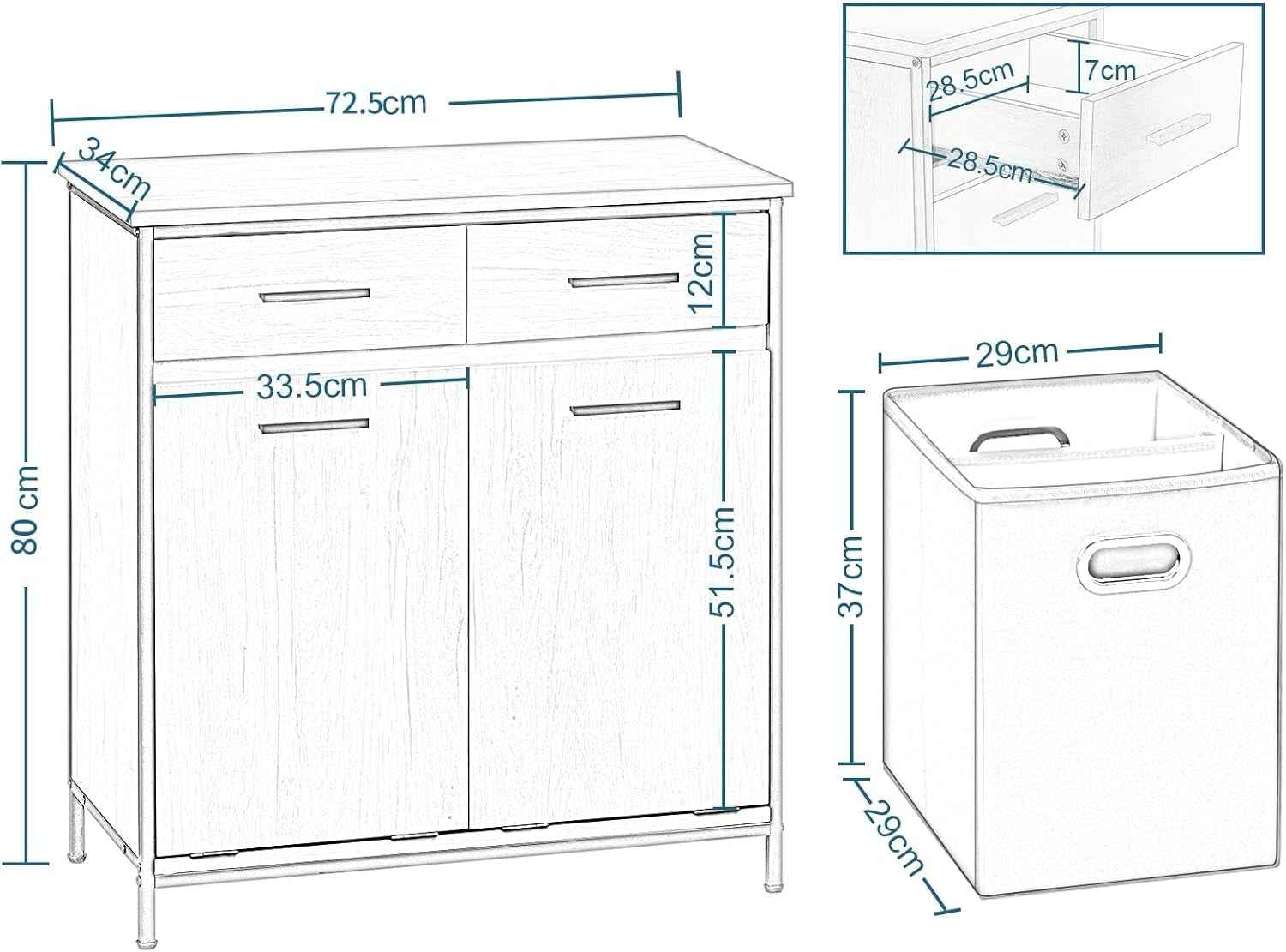 Meuble De Salle De Bain, Placard De Rangement, Avec Sac Intérieur Amovible Avec Poignées, 40 X 78,9 X 80,2 Cm, 2 Tiroirs Et 2 Paniers À Linge, Meuble De Rangement, Chêne Clair + Noir, 0233WY