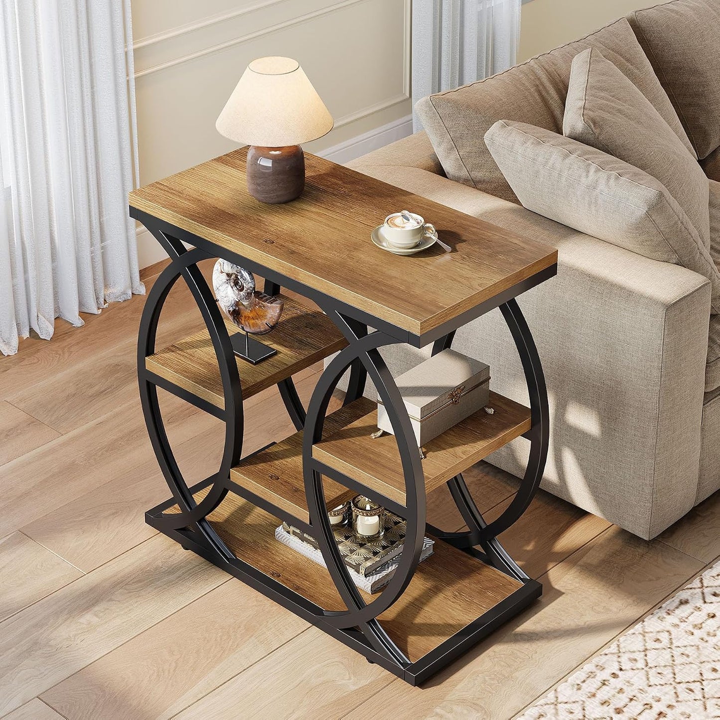 Table D'Appoint Avec 4 Étagères, Table De Chevet Étroite Avec Espace De Rangement, Table Basse Industrielle Pour Salon, Chambre À Coucher, Entrée, Marron Clair