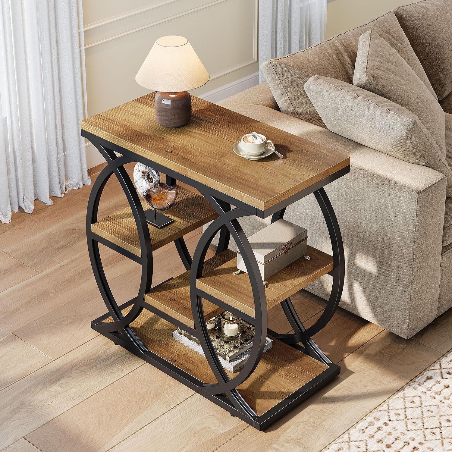 Table D'Appoint Avec 4 Étagères, Table De Chevet Étroite Avec Espace De Rangement, Table Basse Industrielle Pour Salon, Chambre À Coucher, Entrée, Marron Clair