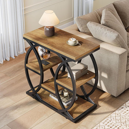 Table D'Appoint Avec 4 Étagères, Table De Chevet Étroite Avec Espace De Rangement, Table Basse Industrielle Pour Salon, Chambre À Coucher, Entrée, Marron Clair