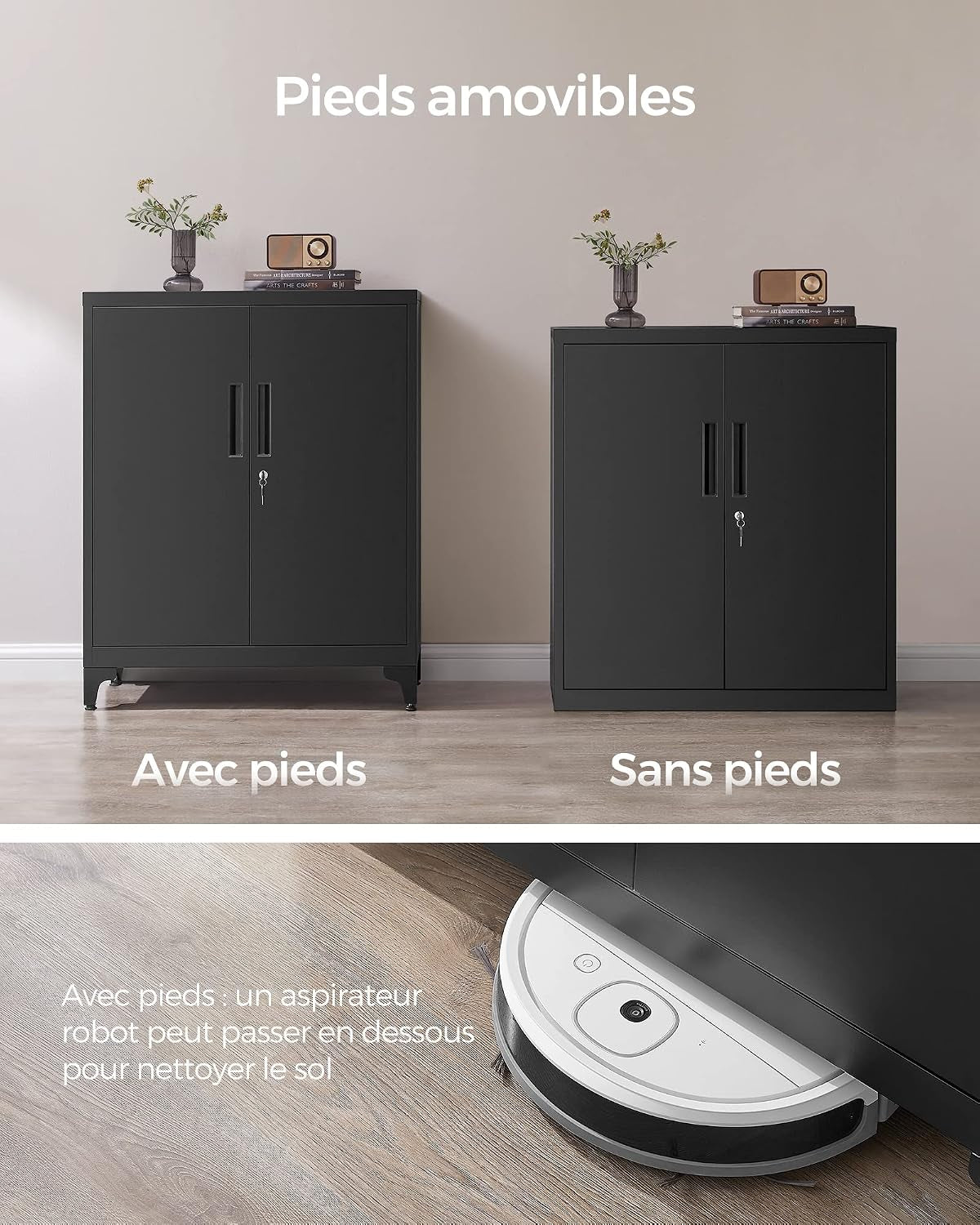 Caisson De Bureau, Placard Polyvalent, Armoire De Bureau À 2 Portes, Verrouillable, En Acier, Pour Salon, Noir Mat OMC013B01