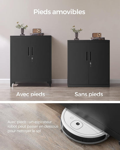 Caisson De Bureau, Placard Polyvalent, Armoire De Bureau À 2 Portes, Verrouillable, En Acier, Pour Salon, Noir Mat OMC013B01