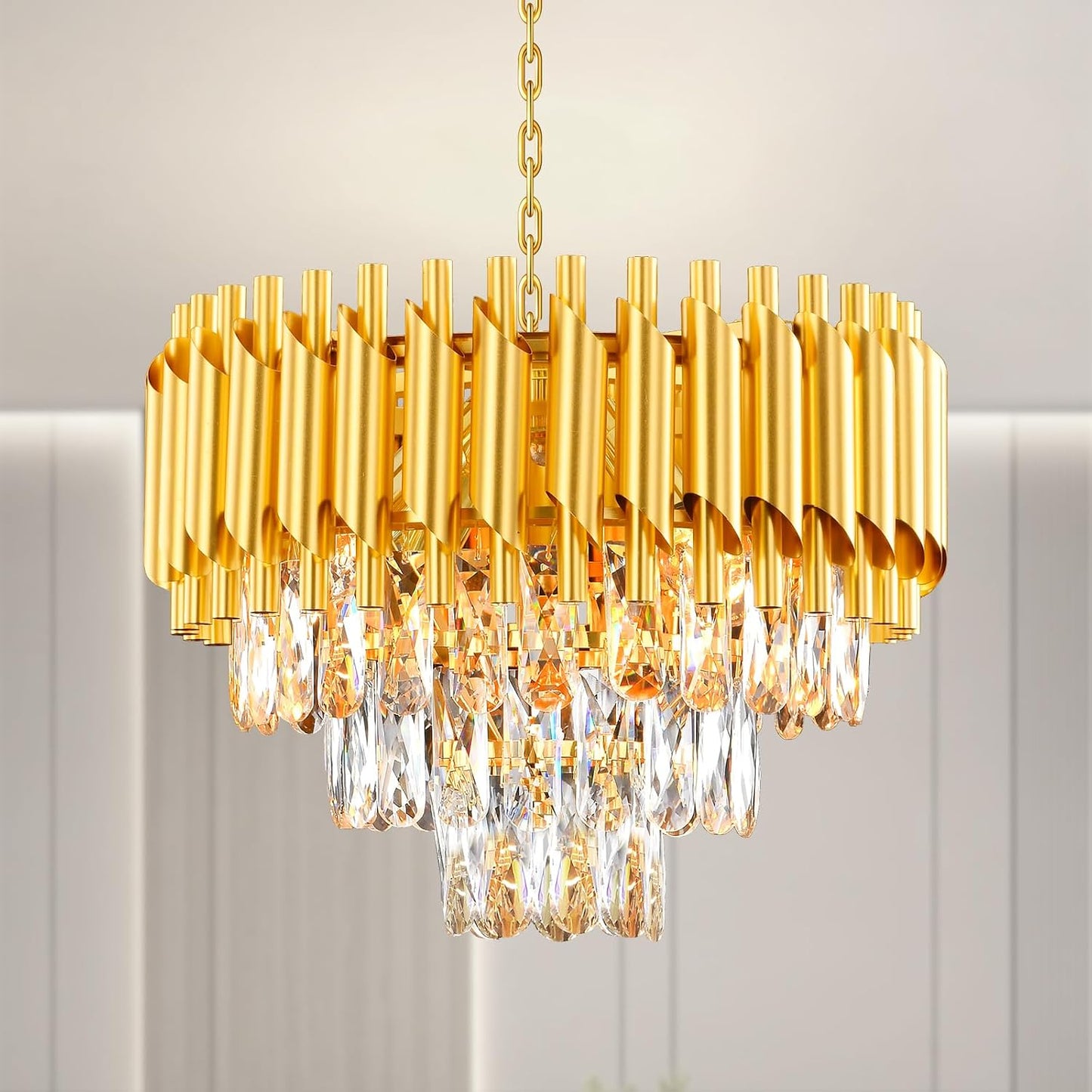Lustre Golden Crystal Chandelier Lights, Modern Crystal Pendant Light, 3-Tier Raindrop Chandelier Light Fixture, 5Xe14 Lumières, Pour Le Salon, La Salle À Manger, La Chambre, Le Restaurant, Ø40 Cm