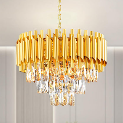 Lustre Golden Crystal Chandelier Lights, Modern Crystal Pendant Light, 3-Tier Raindrop Chandelier Light Fixture, 5Xe14 Lumières, Pour Le Salon, La Salle À Manger, La Chambre, Le Restaurant, Ø40 Cm