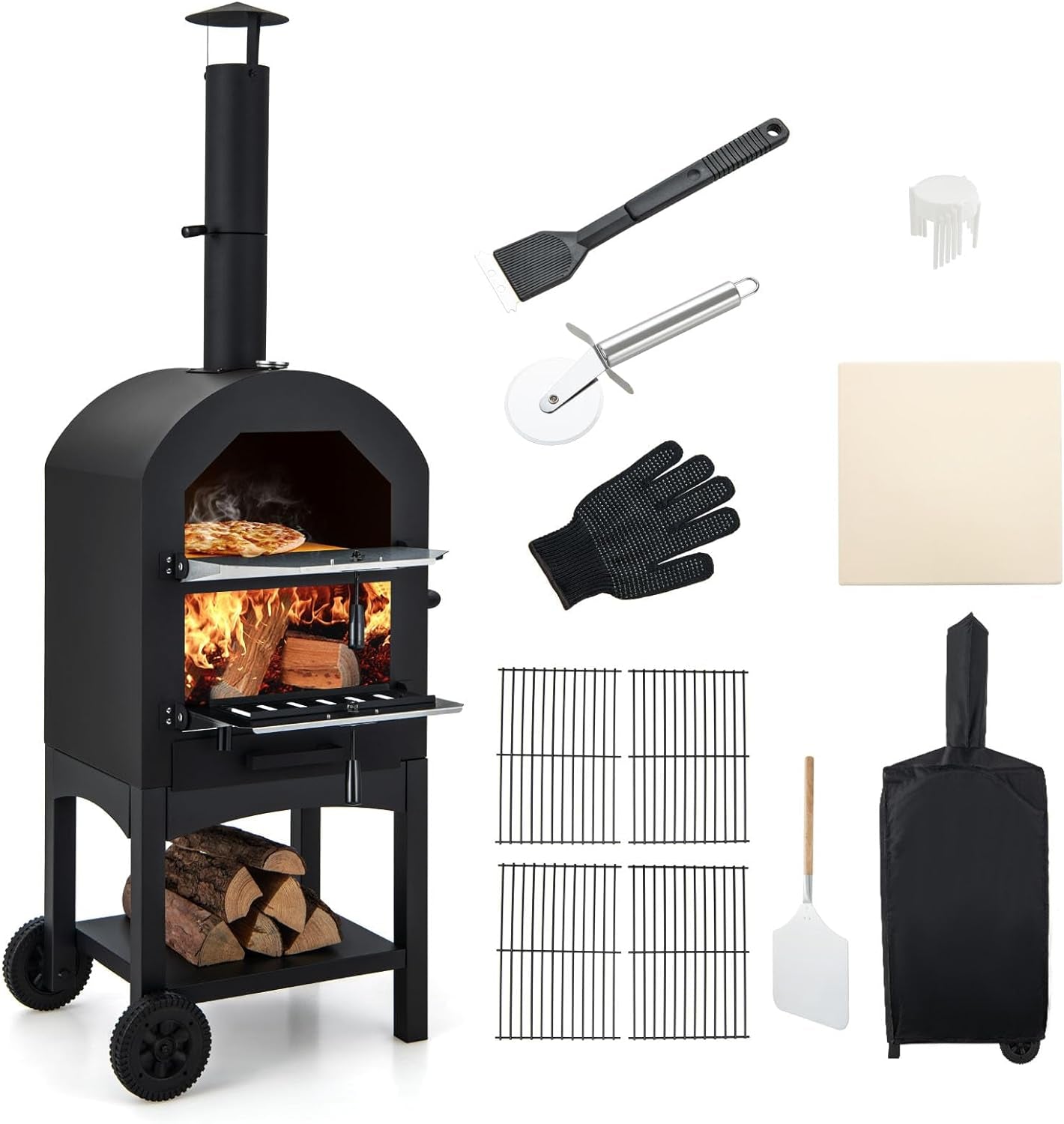 Four À Pizza 2 En 1 D'Extérieur Avec Pelle À Pizza, Grilles, Thermomètre Et Couvercle Étanche, Avec Poignée, Roues Pour Fête, Camping, Pique-Nique, Barbecue
