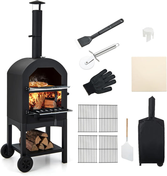 Four À Pizza 2 En 1 D'Extérieur Avec Pelle À Pizza, Grilles, Thermomètre Et Couvercle Étanche, Avec Poignée, Roues Pour Fête, Camping, Pique-Nique, Barbecue