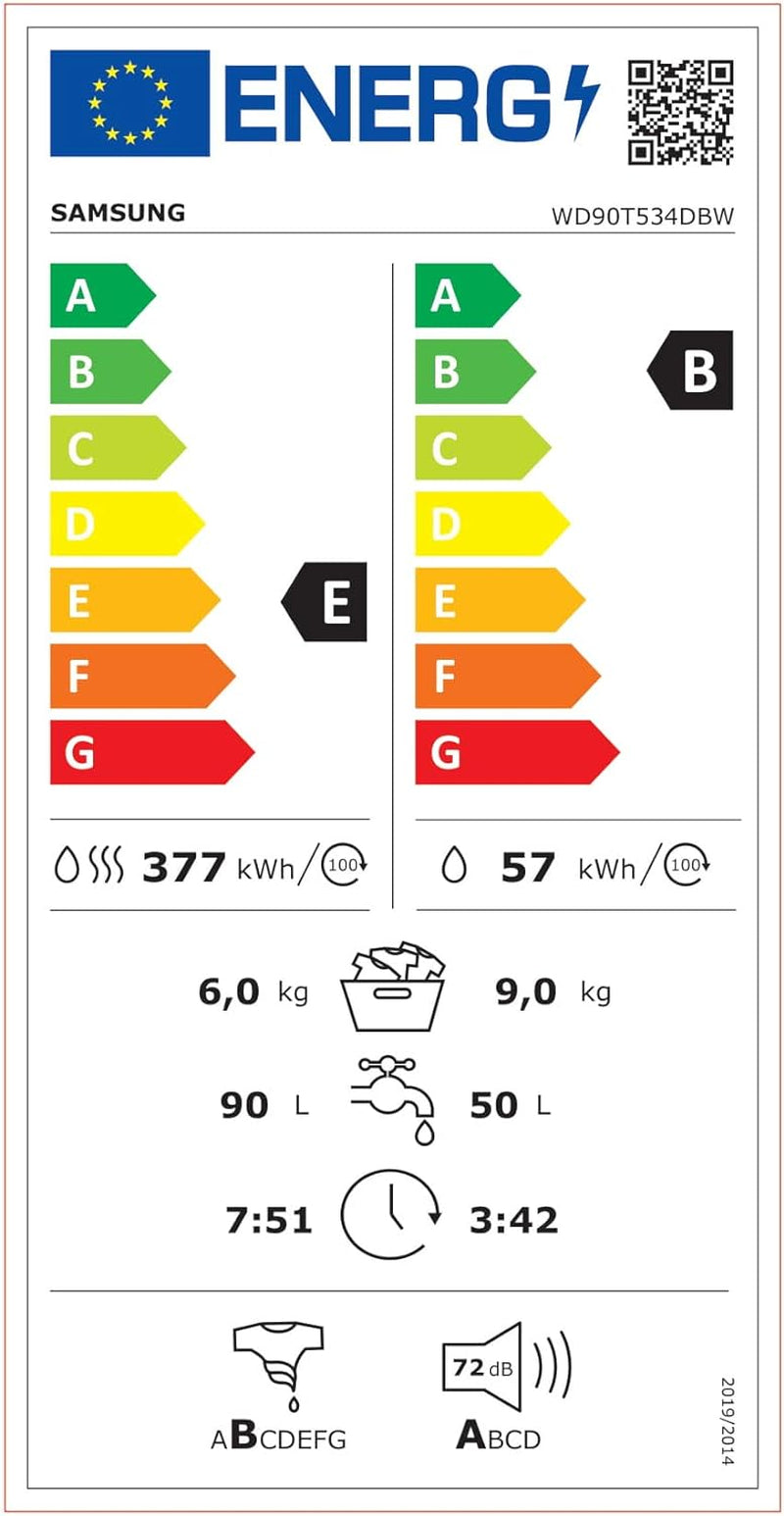 WD90T534DBW/S3 Lave-Linge Séchant - 9 Kg, 1400 Tr/Min, Blanc