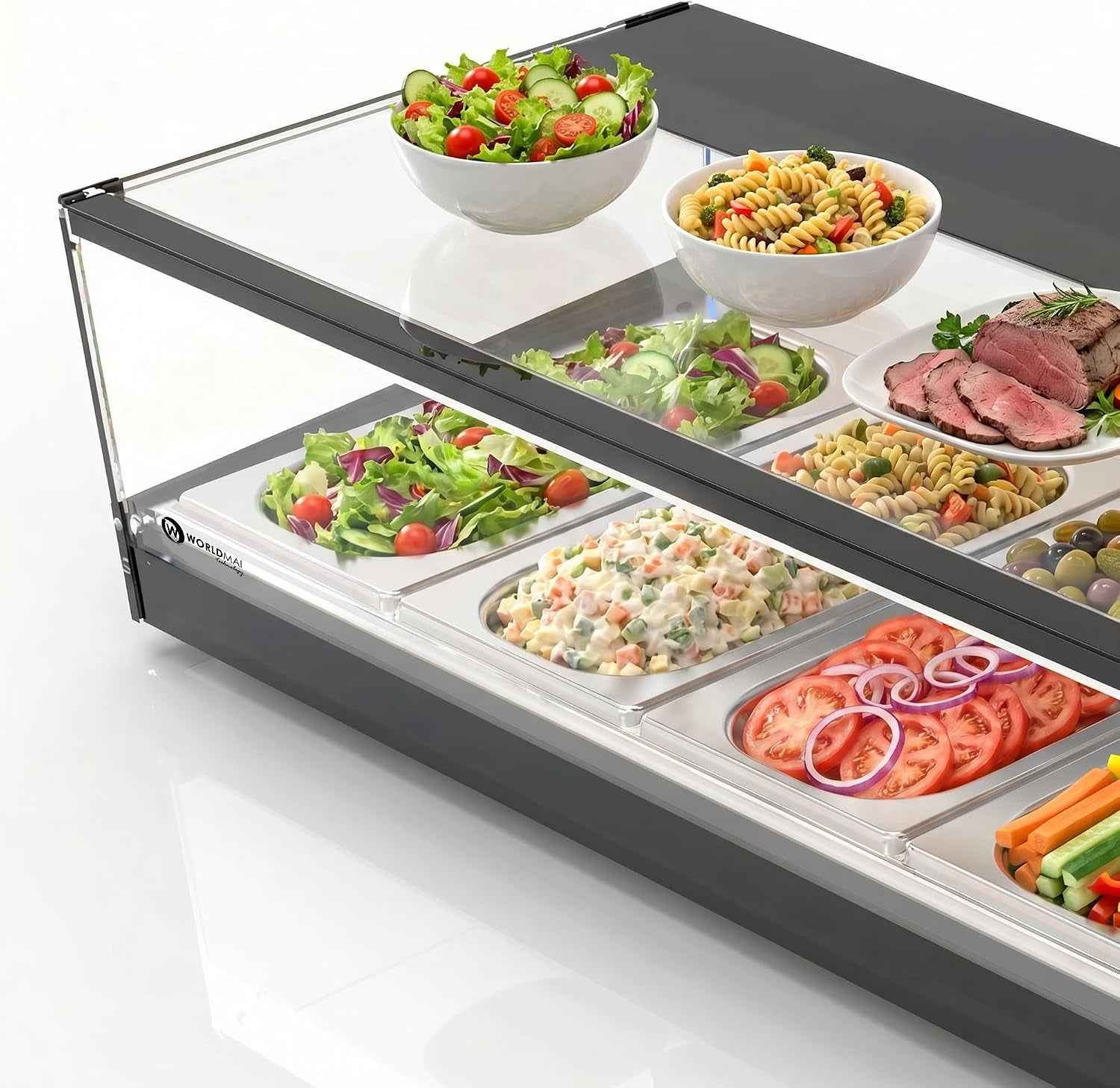 Vitrine À Tapas Logic WORLDMAI X SAYL, 132 X 38 Cm, 6 Bacs GN 1/3 Pour CHR. Vitrine Réfrigérée Professionnelle De Comptoir Avec Éclairage LED, Pour Bar Et Restaurant.