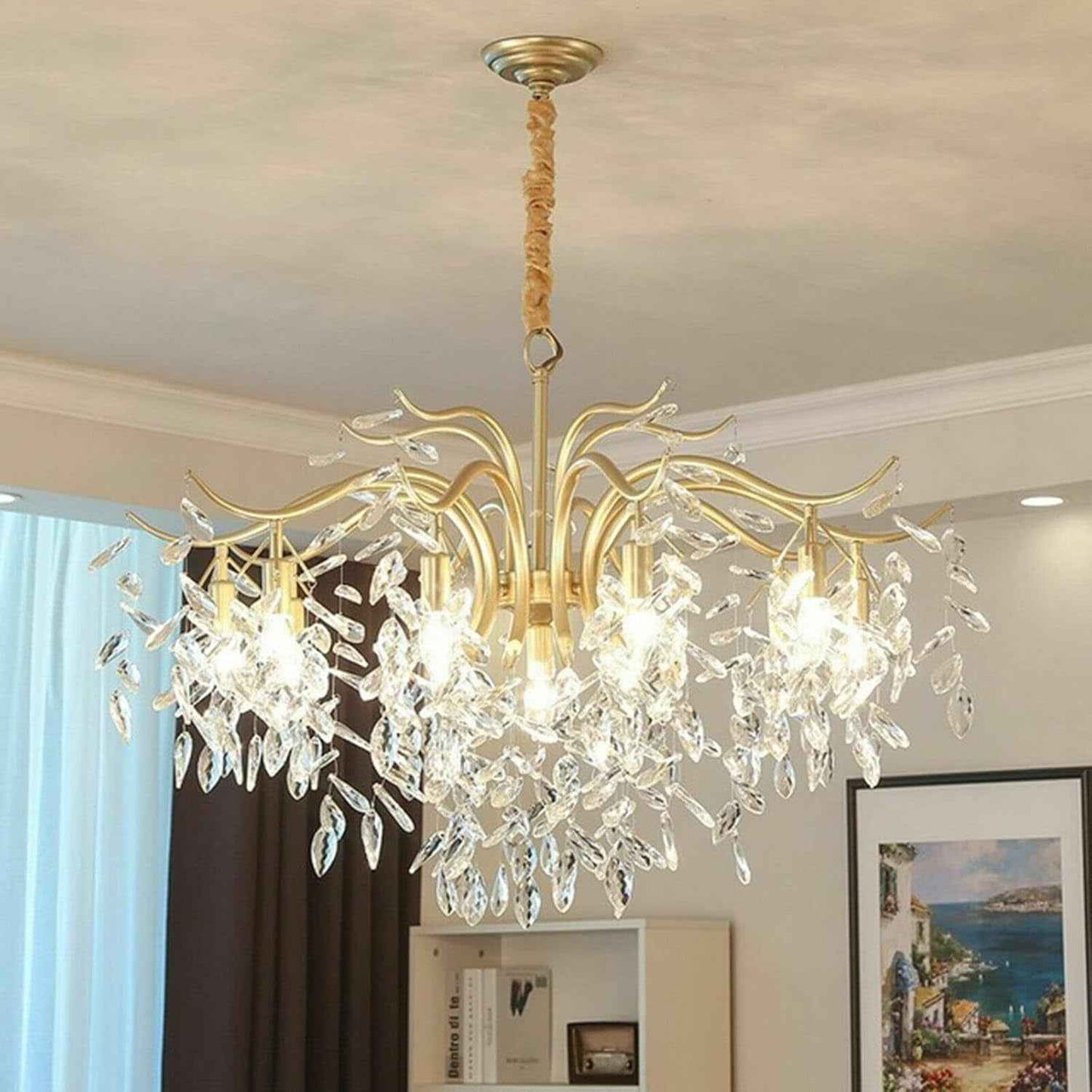 Luxueux Lustre À 9 Branches En Cristal Lustre Cristal Transparent Plafonnier Lampe À Suspension Verre Cristal Métal Classique Pour Chambre À Coucher, Salon, Salle À Manger, Couloir