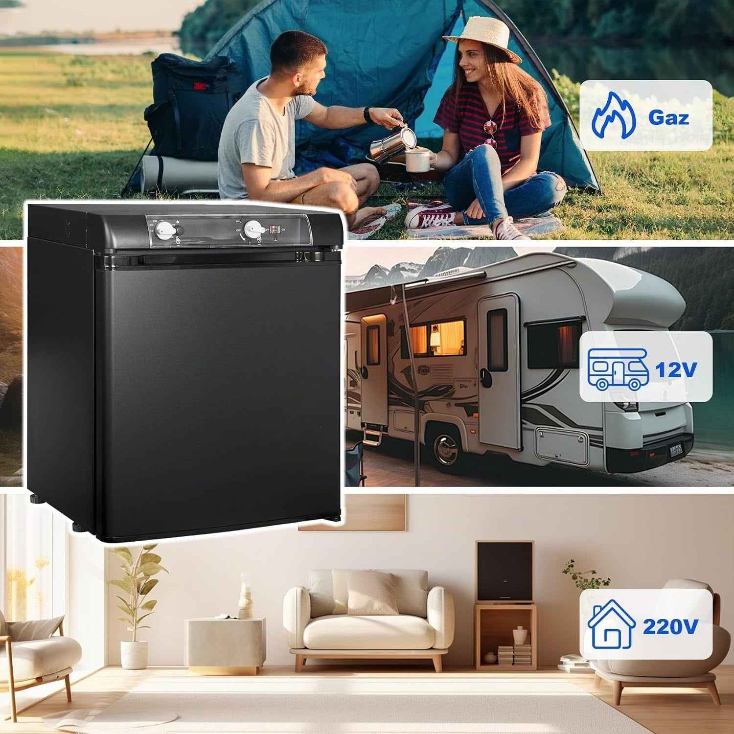 Frigo Camping Car 12V 220V Gaz, 40L, Frigo Trimixte, Réfrigérateur Camping Gaz Pour Chalet Cabanon Caravane Fourgon Mobile-Home, Noir
