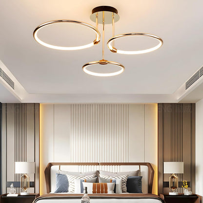 3 Anneaux Ronds Plafonnier Led Doré, Lustre Ø56Cm | 60W À Intensité Variable, Suspension Créative En Métal Électrolytique, Lampe Moderne Pour La Chambre À Coucher Bureau D'Enfants Étude