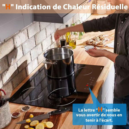 60 Cm Plaque De Cuisson Vitrocéramique 4 Feux, 6000 Watts | Minuterie De 99 Minutes, Verrouillage De Sécurité Pour Enfants, 9 Niveaux De Puissance, 220-240 V