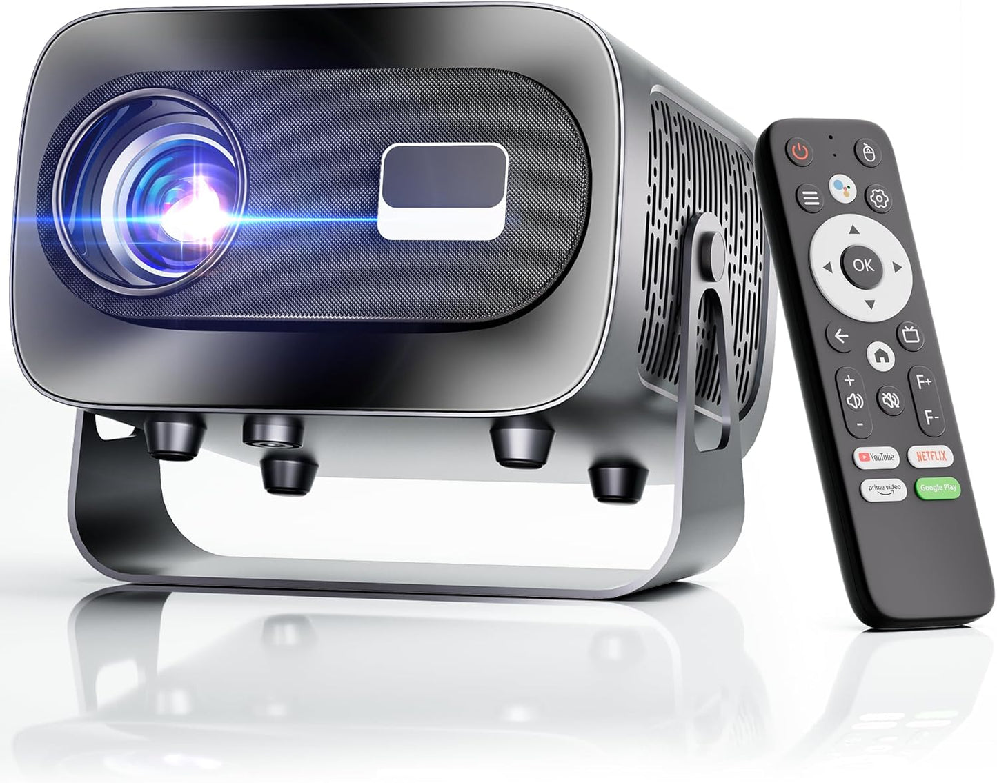 [App Intégrée] Vidéoprojecteur 1080P 4K Supporte Mini Projecteur Home Cinéma Projecteur Video Supporté Pour Correction Trapézoïdale Automatique, Android TV BT5.1 360° Rotation, TV Stick/Avec HDMI,