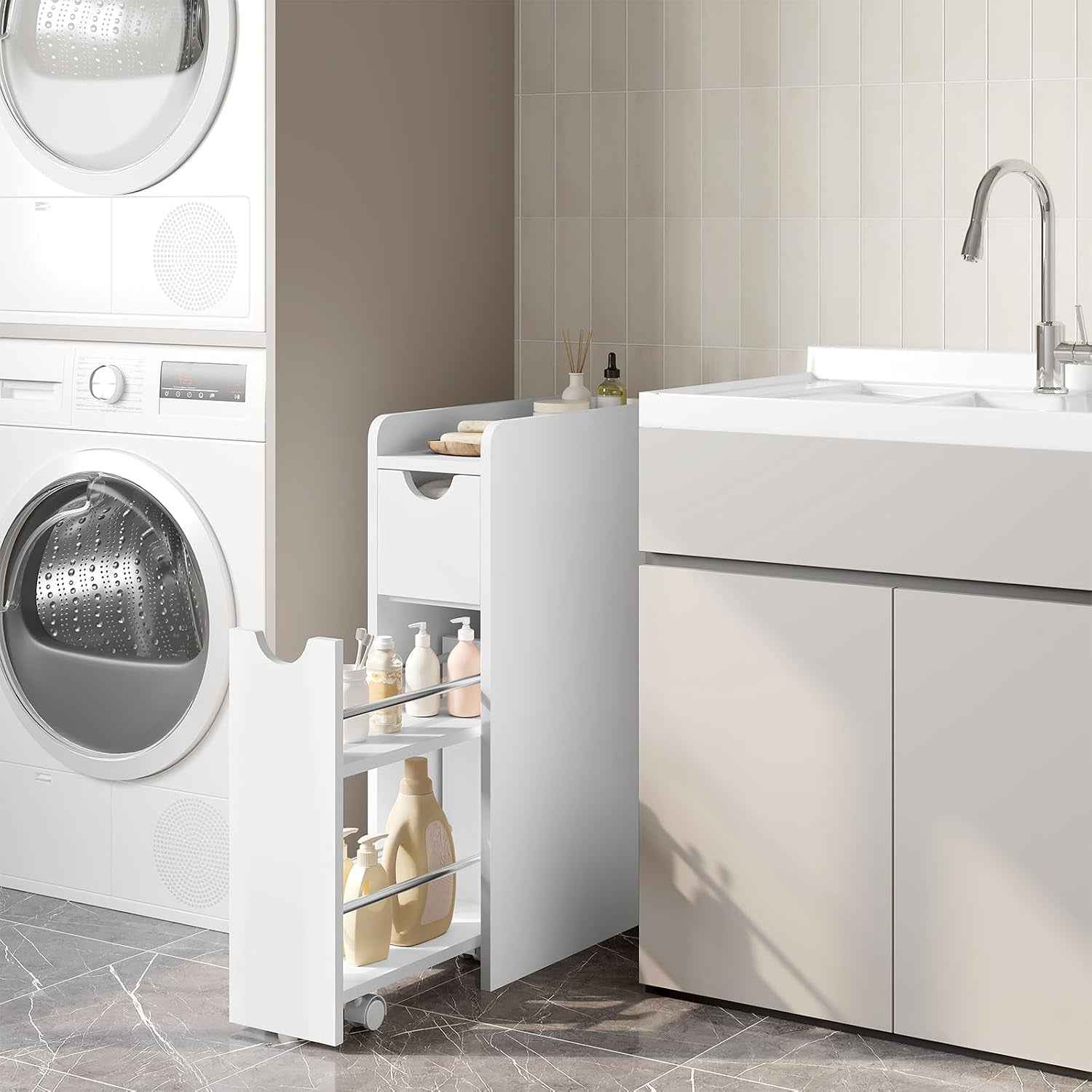 Meuble Salle De Bain, Armoire Salle De Bain Étroite, Avec 2 Tiroirs, En Bois D'Ingénierie, Blanc, 19X45X70Cm