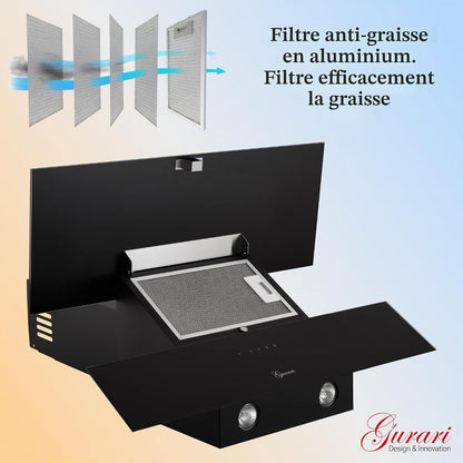 Hotte Murale 90 Cm  GCH D 268 9 Prime/Hotte Aspirante Noire Classe a 1000 M³/H Avec Télécommande/Hotte De Cuisine Avec Evacuation Ou Recyclage/Hotte Inclinée Avec Filtre À Charbon