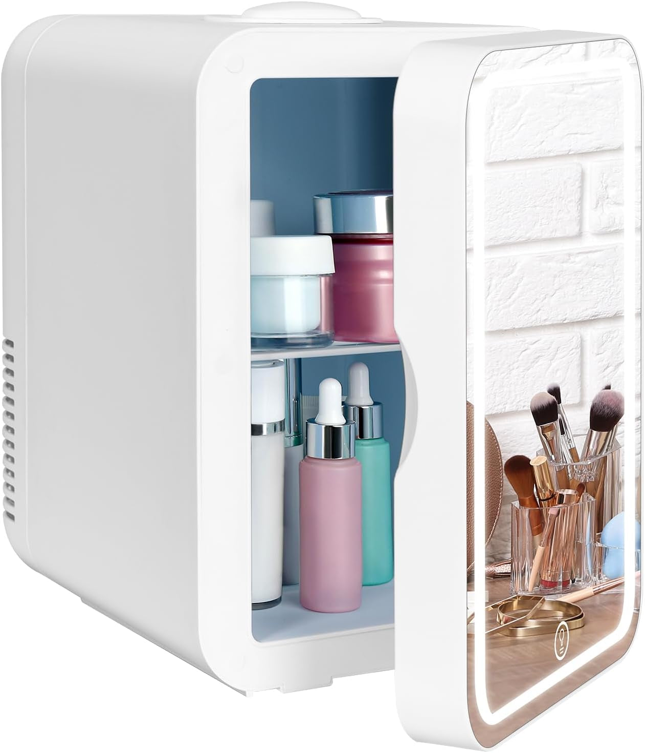 Mini Frigo 8L Avec Miroir LED, Mini Réfrigérateurs Portable, Petit Frigo Cosmetique 12V/220V, Frigo De Chambre Avec Fonction Chaud/Froid, Miroir De Maquillage Led Pour Voitures,Blanc
