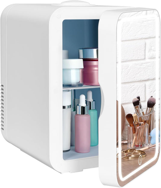 Mini Frigo 8L Avec Miroir LED, Mini Réfrigérateurs Portable, Petit Frigo Cosmetique 12V/220V, Frigo De Chambre Avec Fonction Chaud/Froid, Miroir De Maquillage Led Pour Voitures,Blanc