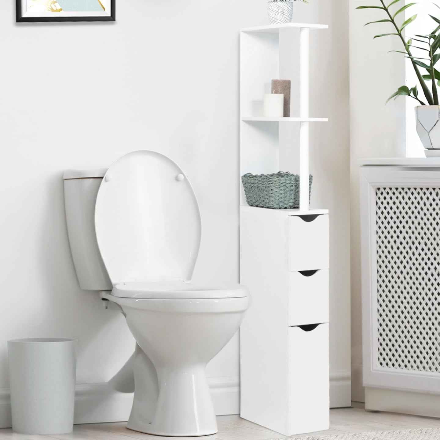- Meuble WC Étagère Bois 3 Portes Blanc Gain De Place Pour Toilettes