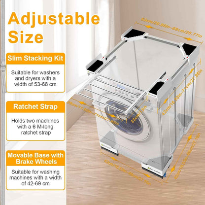 Kit Universel D'Empilage Et Socle Mobile Pour Sèche-Linge Et Lave-Linge, Taille Réglable Avec Corde À Cliquet Et Supports De Séchage Extensibles Pour Lave-Linge Et Sèche-Linge Gain De Place | (Kit D'Empilage-Style Tiroir & Base Mobile)