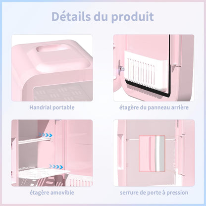 Mini Frigo Pour Chambre, Frigo Skincare Avec Miroir LED, Petit Frigo De 4L Portable, Thermoelectrique Chauffe & Refroidisseur 220V AC / 12V DC Pour Voiture, Bureau, Dortoir (Rose)