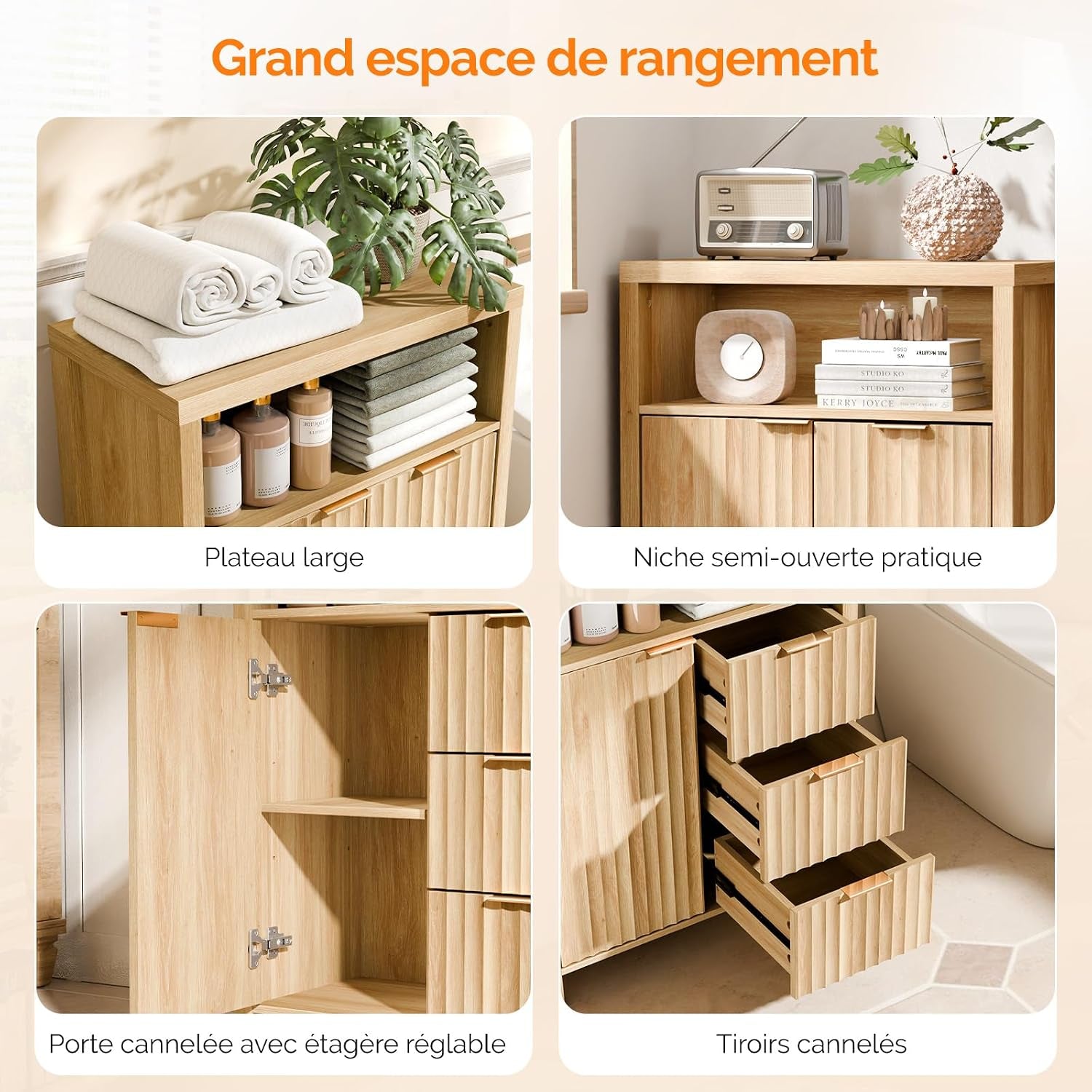 Meuble De Rangement, Armoire De Rangement En Bois Avec 1 Compartiment Ouvert, Meuble Sur Pied Avec 4 Tiroirs, Commode Pour Cuisine, Entrée, Salle De Bain, Chêne, 59 X 30 X 81 Cm