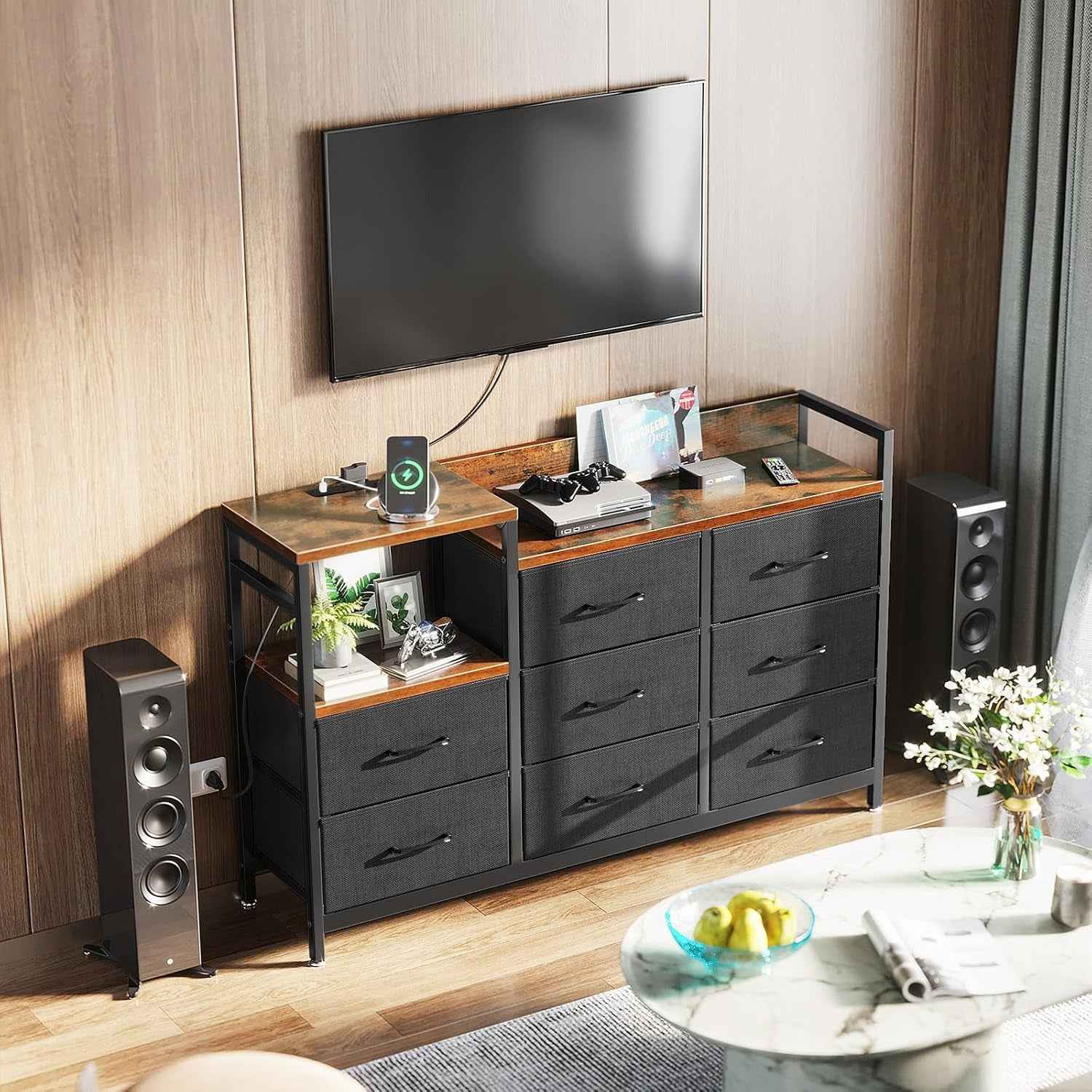 Commode Chambre, 2 Ports USB Et 2 Ports AC, 8 Vintage Tissu Tiroirs | Cadre En Acier Robuste, Plateau En Bois, Commode Salon, 132 X 30 X 88 Cm