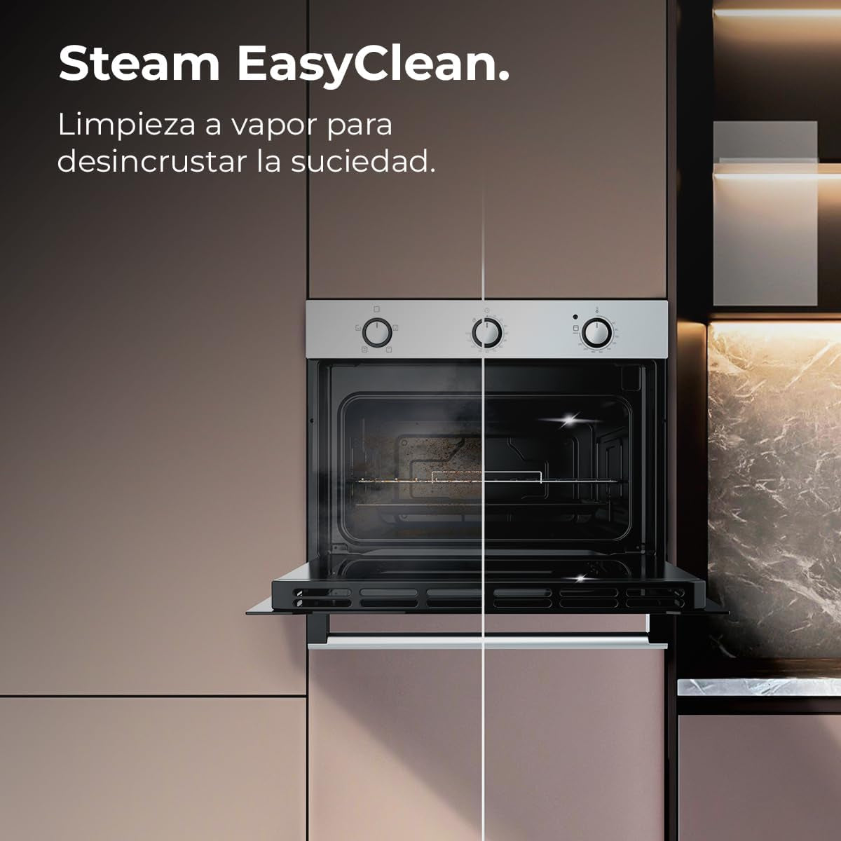 Four Encastrable 45 Cm Bolero Hexa C134500 Inox A. 2600W, Capacité De 56L, Faible Consommation, 4 Fonctions, Minuterie, Nettoyage À La Vapeur, Cuisson À La Vapeur