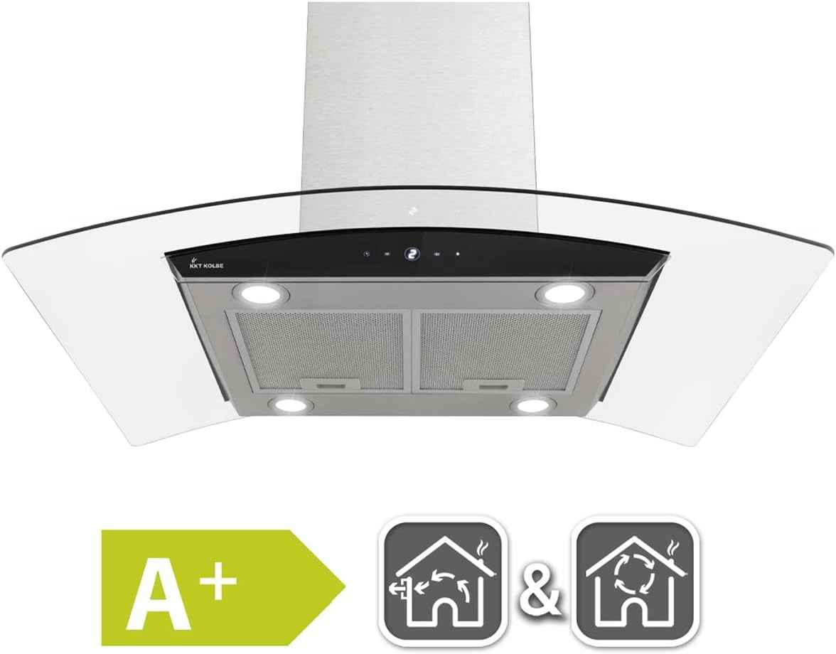 Hotte Aspirante Cuisine 90 Cm | Hotte Îlot | Acier Inoxydable | Verre Noir | Wifi | Arrête Automatiquement | Opération Tactile | SINUS-INSEL-HC