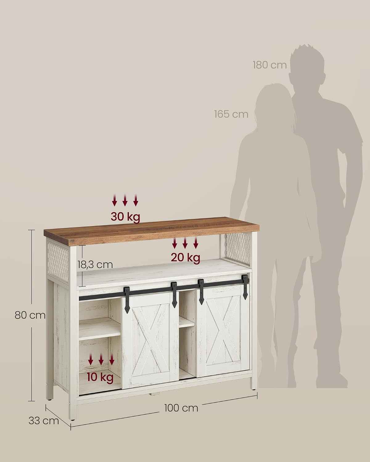 Buffet Cuisine, Meuble De Rangement, Avec 2 Portes Coulissantes | Bahut, Pour Salon, 33 X 100 X 80 Cm, Étagères Réglables, Blanc Rustique Et Blanc Crème, Daxton Collection LSC092W01
