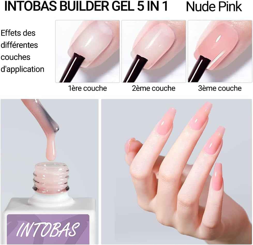 15Ml Builder Gel 5 En 1, Gel De Construction Ongle Pose Americain, Gummy Base Et Structure Avec 100Pcs Chablon Ongle Pour Extensions, Renforcement, Réparation De Manucure-Rose Nude