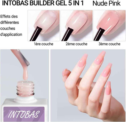 15Ml Builder Gel 5 En 1, Gel De Construction Ongle Pose Americain, Gummy Base Et Structure Avec 100Pcs Chablon Ongle Pour Extensions, Renforcement, Réparation De Manucure-Rose Nude