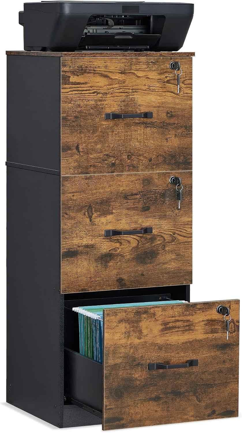 Custos Collection - Meuble De Bureau, Meuble De Rangement, Support Pour Imprimante, Avec 3 Tiroirs Verrouillables, Tringles Réglables, Compatible Avec Formats A4, Marron Rustique OFC055KD01